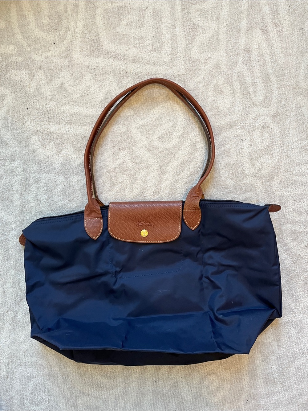 Longchamp Navy Tote with Brown Leather Trim